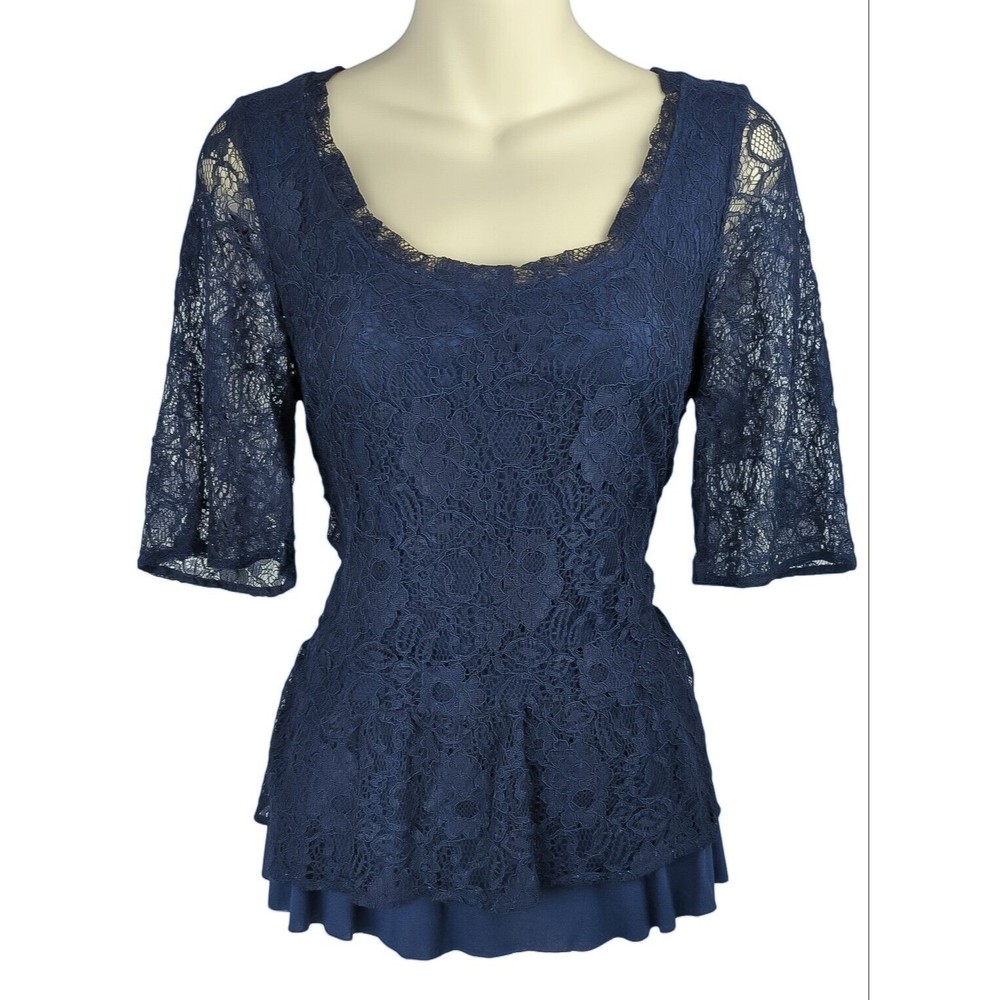 Deletta Anthropologie Lace Peplum Top Navy Blue Lace Layered Sheer Sleeve M